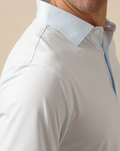 Peninsula Stripe Polo in Nantucket Blue, collar detail view