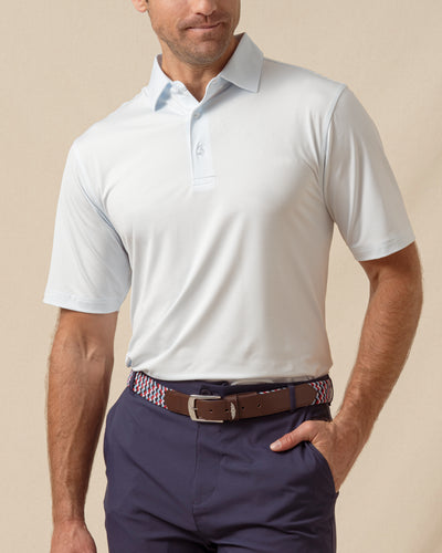 Peninsula Stripe Polo in Nantucket Blue, front model view