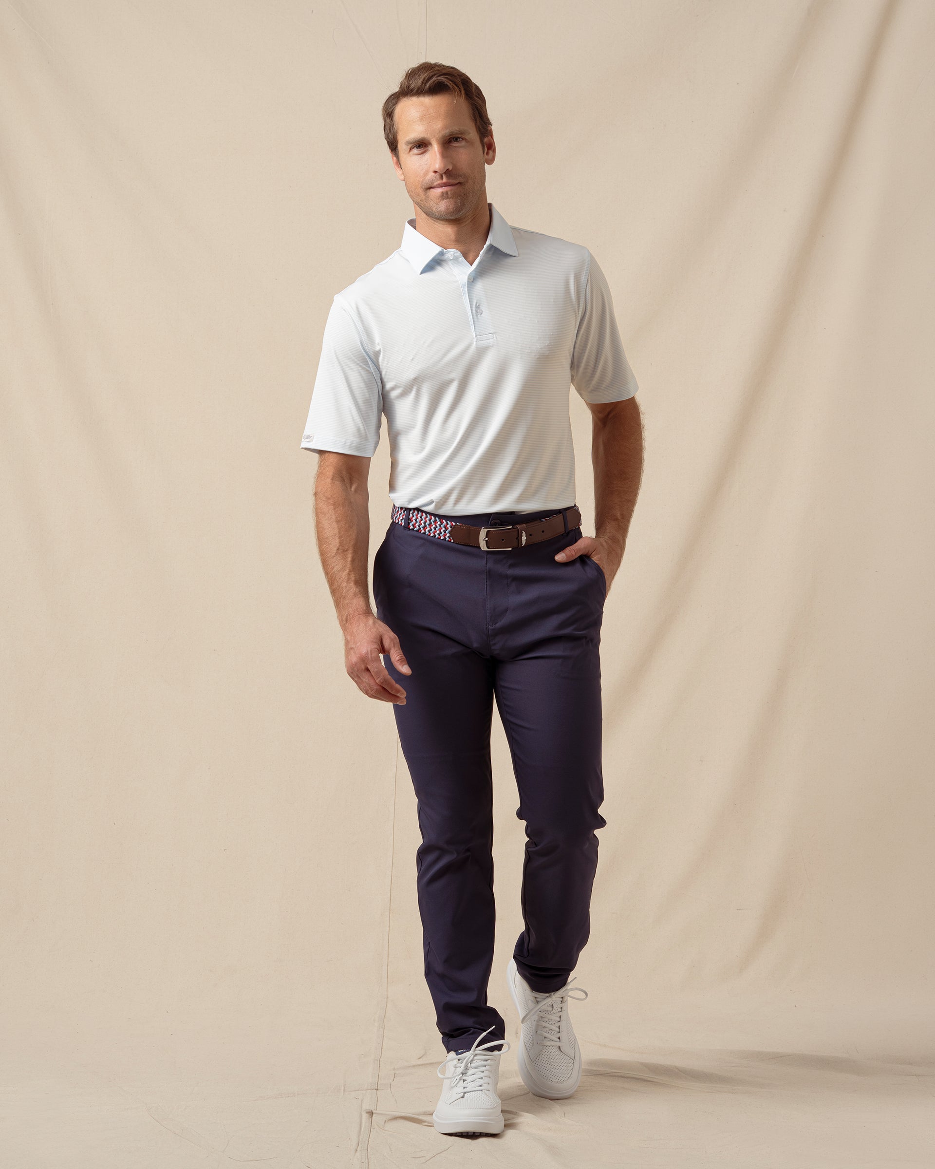 Peninsula Stripe Polo in Nantucket Blue, full outfit model view styled with dark pants