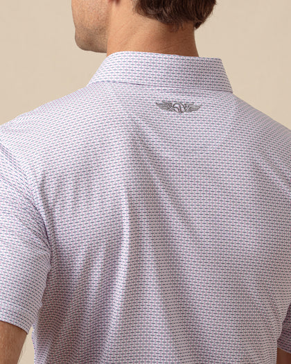 Back collar detail of men’s haze polo with two-tone geometric print and embroidered logo