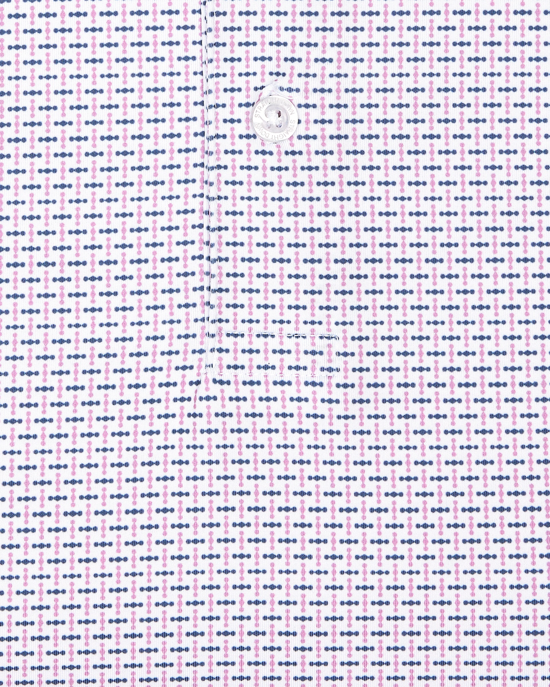 Wilshire Polo in haze, close-up of geometric micro-print pattern with pink and navy detail