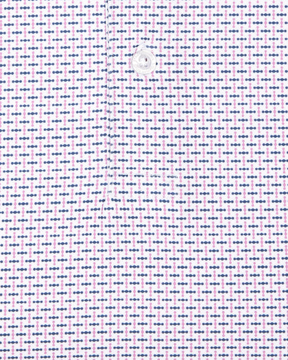 Wilshire Polo in haze, close-up of geometric micro-print pattern with pink and navy detail