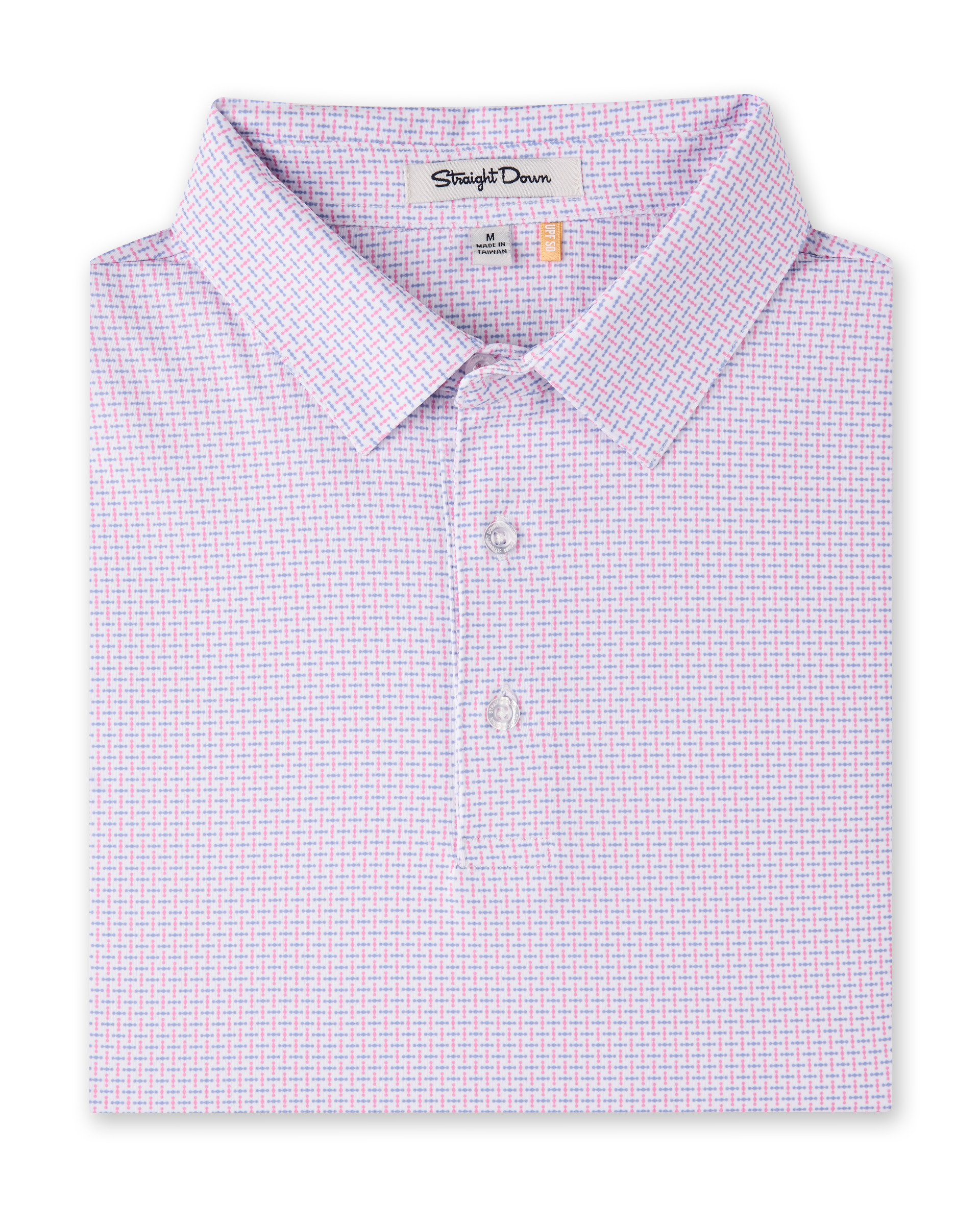 Wilshire Polo in Punch folded to showcase the subtle pink and blue geometric print