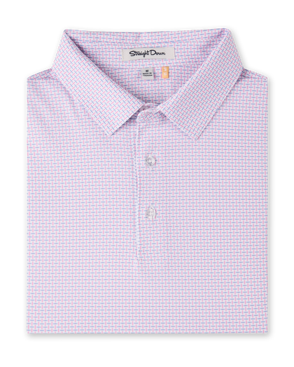 Wilshire Polo in Punch folded to showcase the subtle pink and blue geometric print