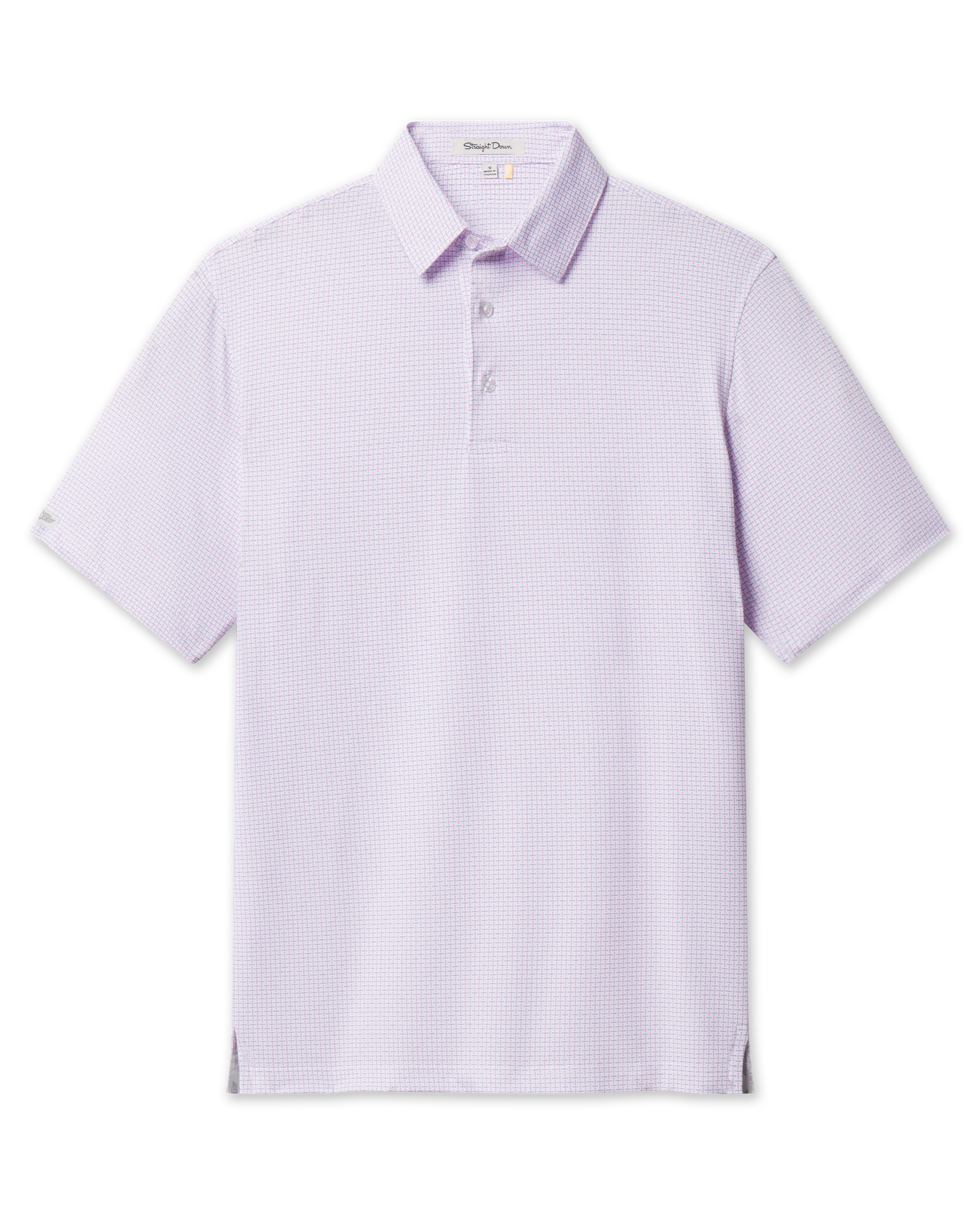 Wilshire Polo in Punch featuring a small-scale pink and blue geometric print, front flat lay