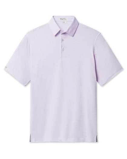 Wilshire Polo in Punch featuring a small-scale pink and blue geometric print, front flat lay