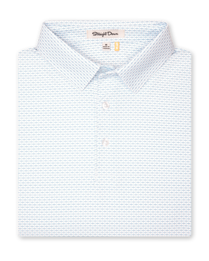 Wilshire Polo in gemstone, folded view highlighting collar, placket, and micro-print design