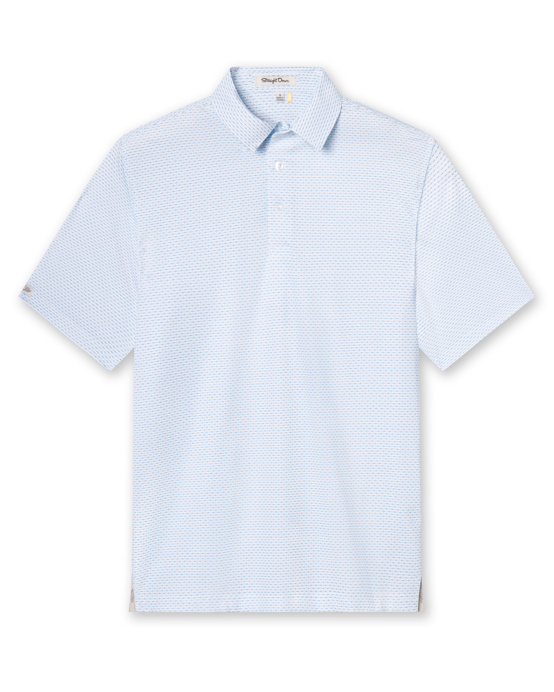 Men's Wilshire Polo in Gemstone, flat lay front view featuring a white base with an all-over blue geometric micro print, with Straight Down logo patch visible on sleeve