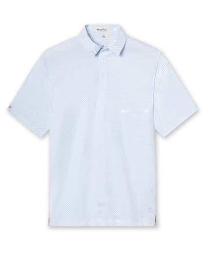 Men's Wilshire Polo in Gemstone, flat lay front view featuring a white base with an all-over blue geometric micro print, with Straight Down logo patch visible on sleeve