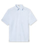 Men's Wilshire Polo in Gemstone, flat lay front view featuring a white base with an all-over blue geometric micro print, with Straight Down logo patch visible on sleeve