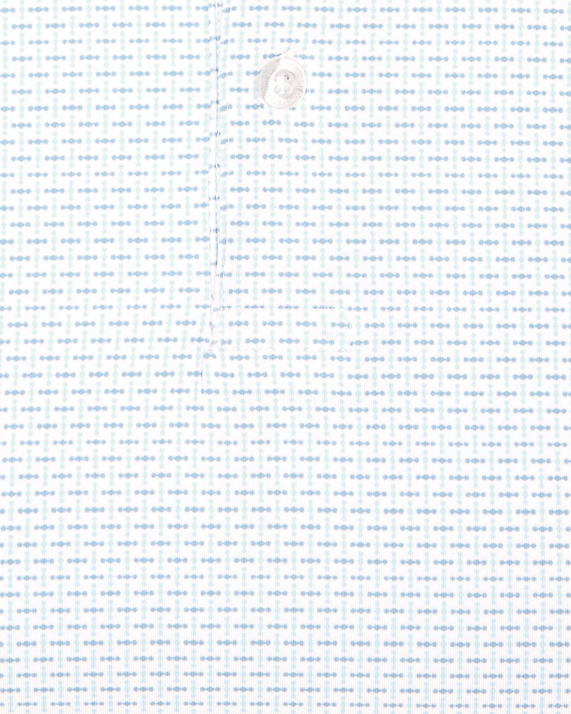 Men's Wilshire Polo in Gemstone, close-up flat lay fabric detail view highlighting the all-over blue geometric micro print on a white base