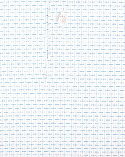 Men's Wilshire Polo in Gemstone, close-up flat lay fabric detail view highlighting the all-over blue geometric micro print on a white base