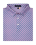 Men’s pink golf polo with blue geometric print, folded with button placket