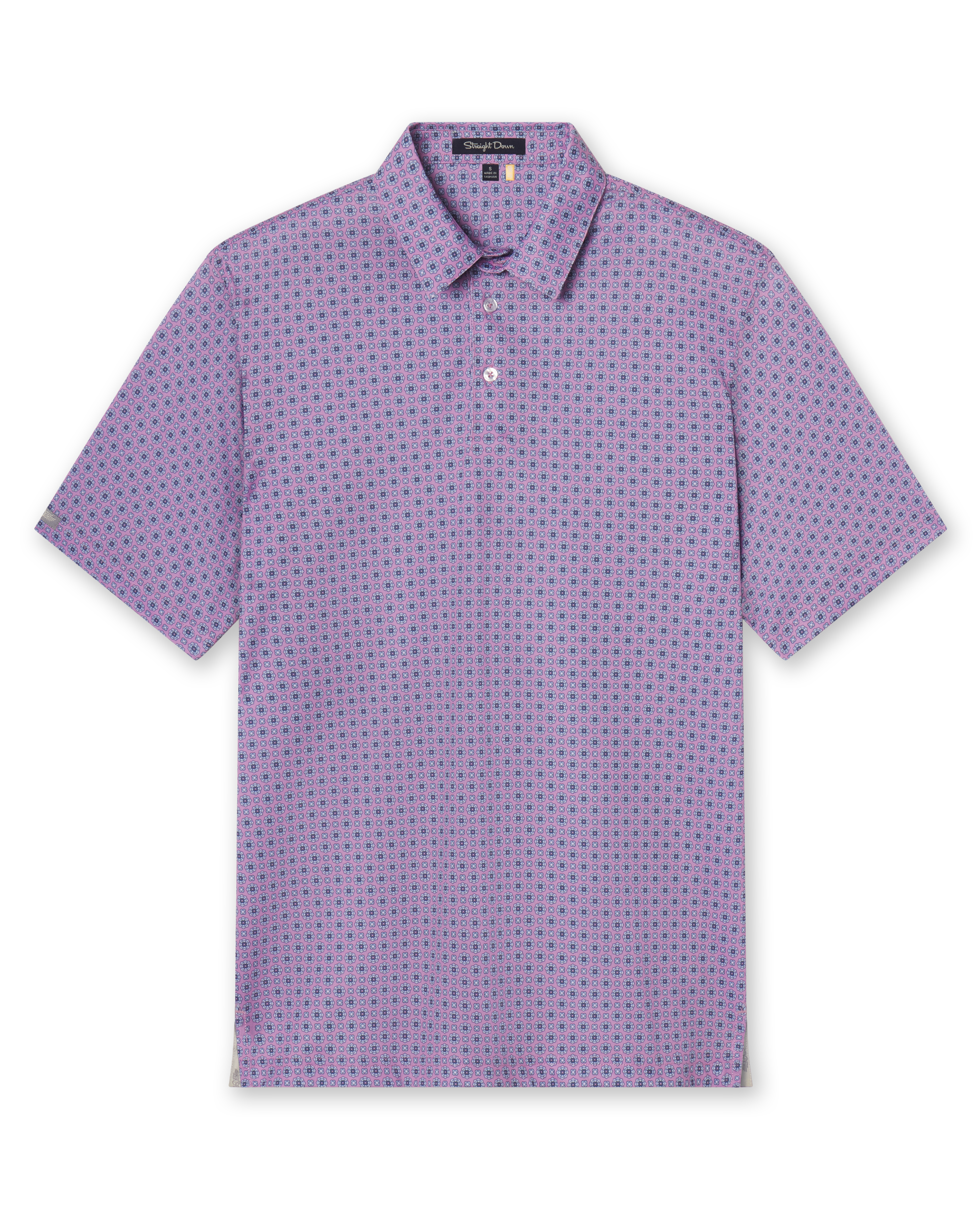 Men’s pink short sleeve golf polo with blue geometric pattern