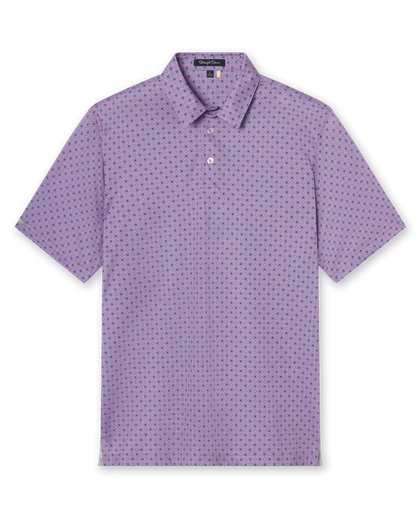 Men’s pink short sleeve golf polo with blue geometric pattern
