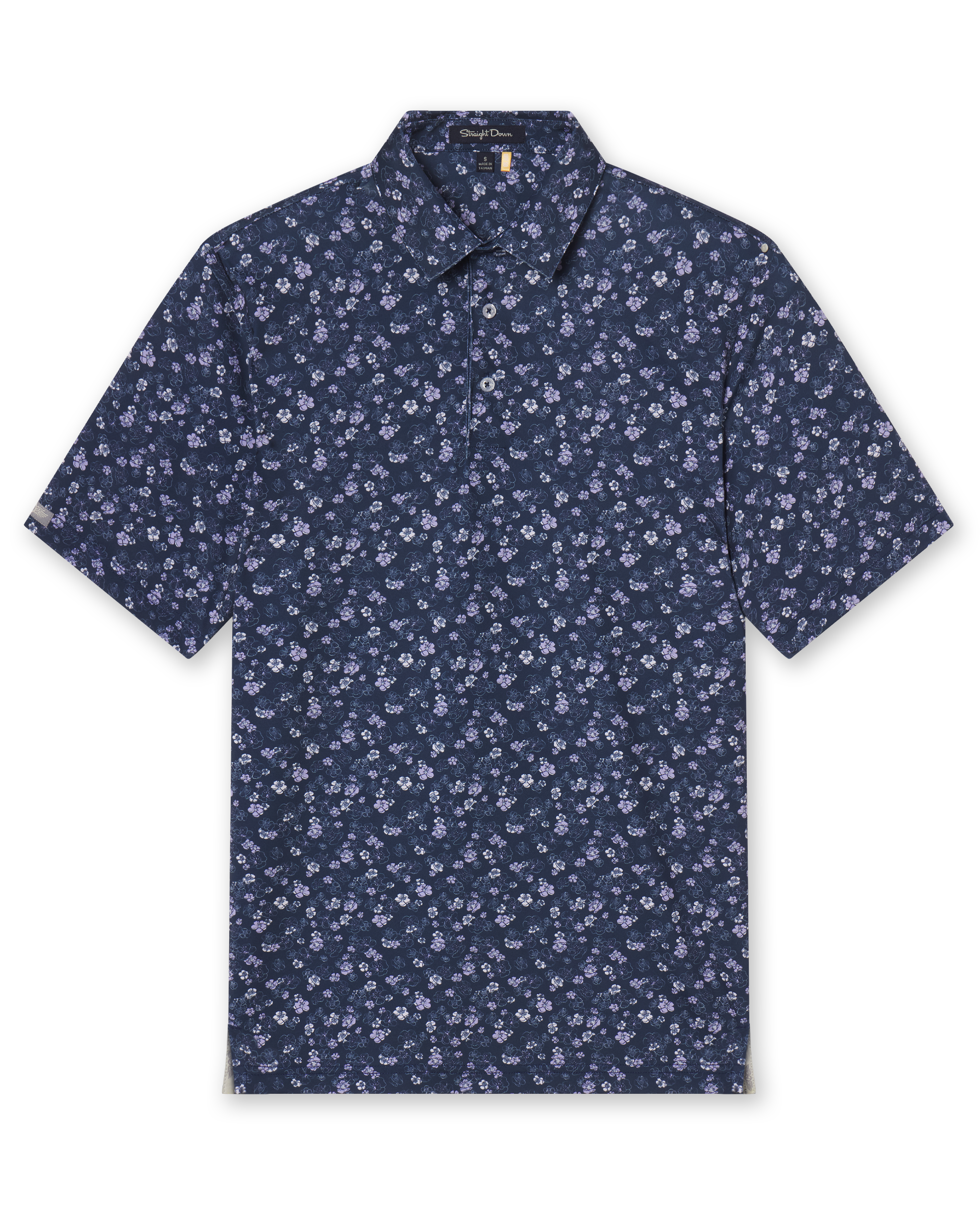Men's Dogwood Polo in New Indigo, flat lay front view featuring a navy short sleeve polo with an all-over scattered floral blossom print in lavender and white