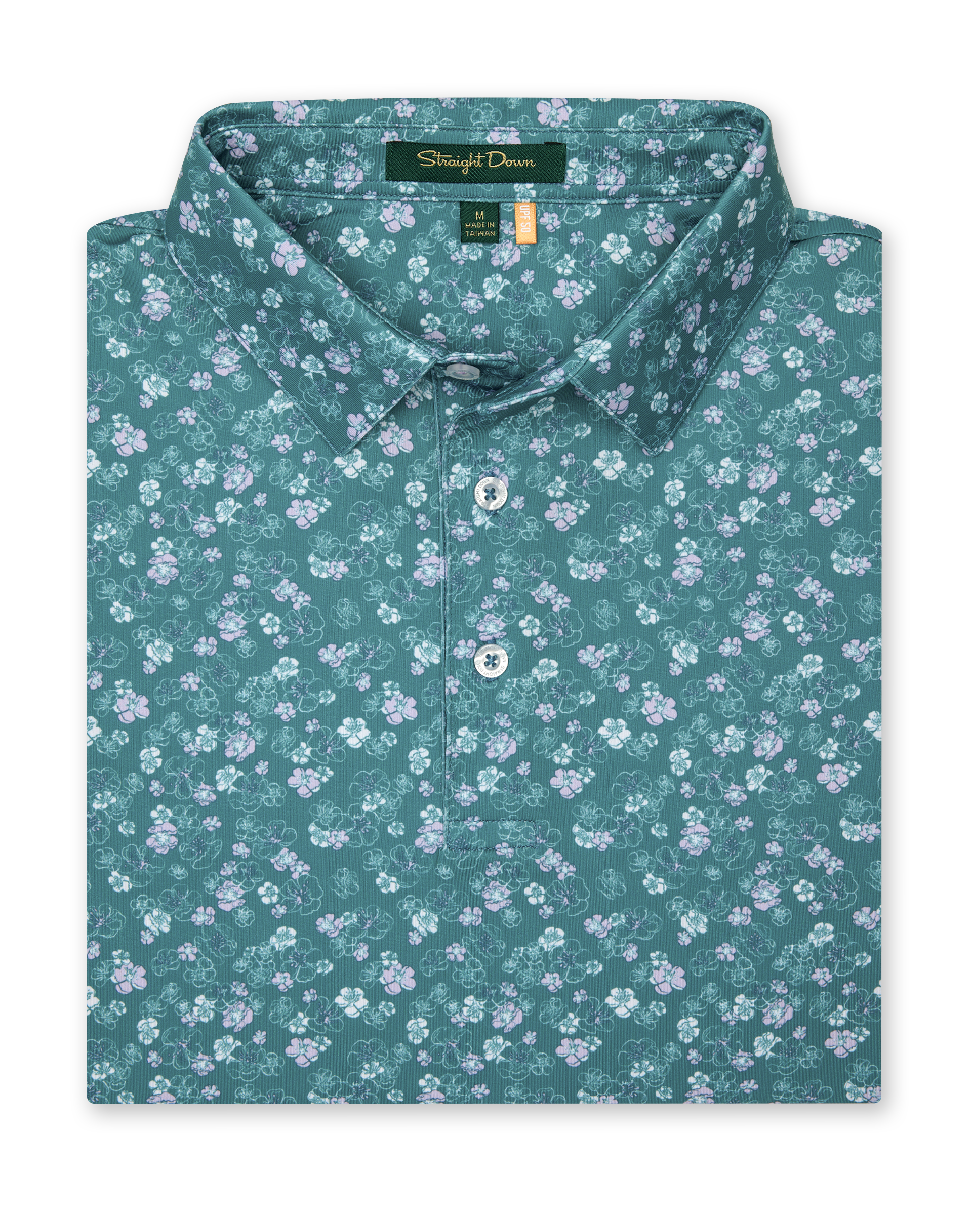 Men's Dogwood Polo in Sage, folded flat lay front view featuring an allover floral dogwood blossom print in lavender and white on a teal green base