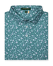 Men's Dogwood Polo in Sage, folded flat lay front view featuring an allover floral dogwood blossom print in lavender and white on a teal green base