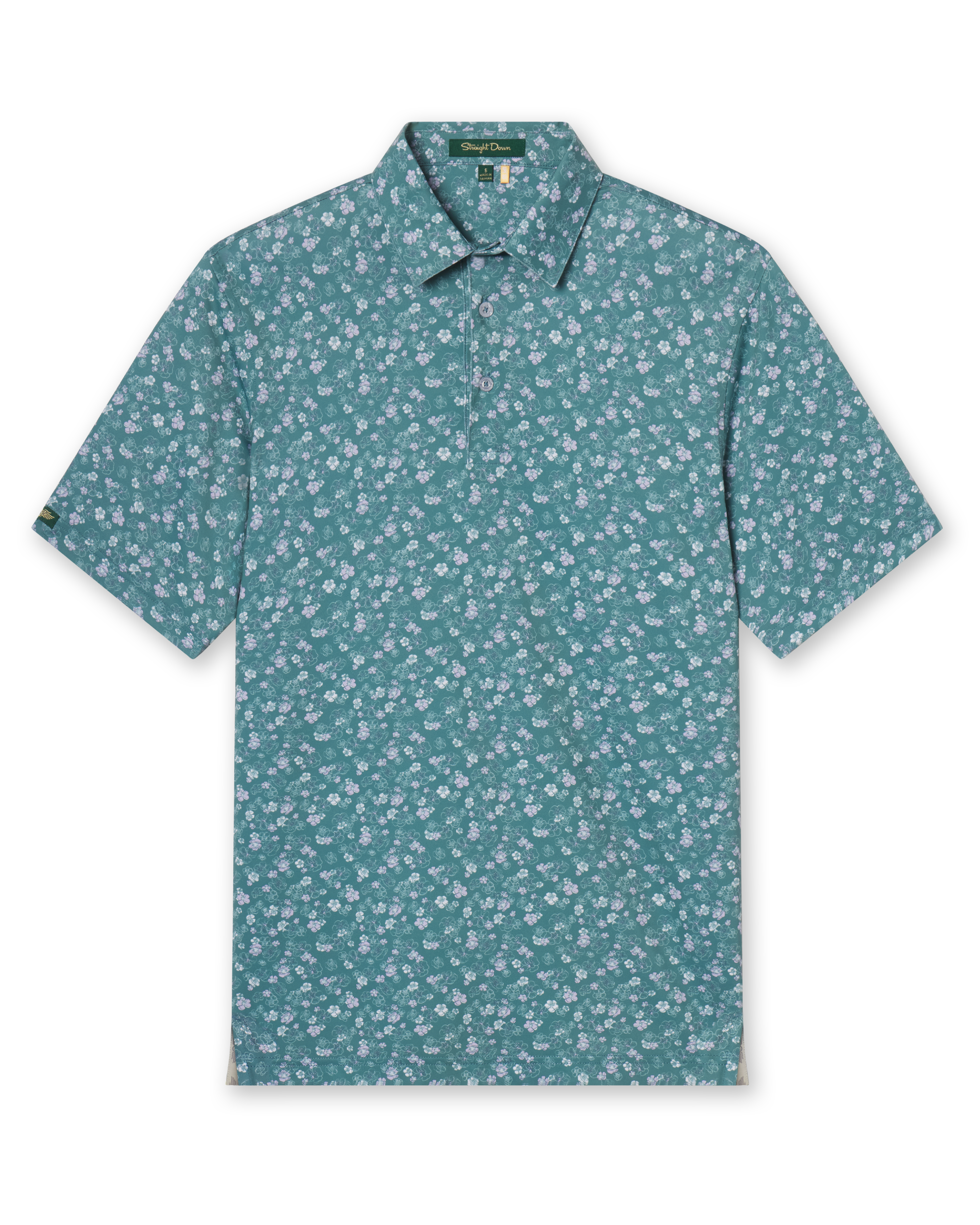 Men's Dogwood Polo in Sage, flat lay front view featuring a sage green base with a scattered white and lavender floral print and Straight Down sleeve tab