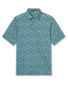 Men's Dogwood Polo in Sage, flat lay front view featuring a sage green base with a scattered white and lavender floral print and Straight Down sleeve tab