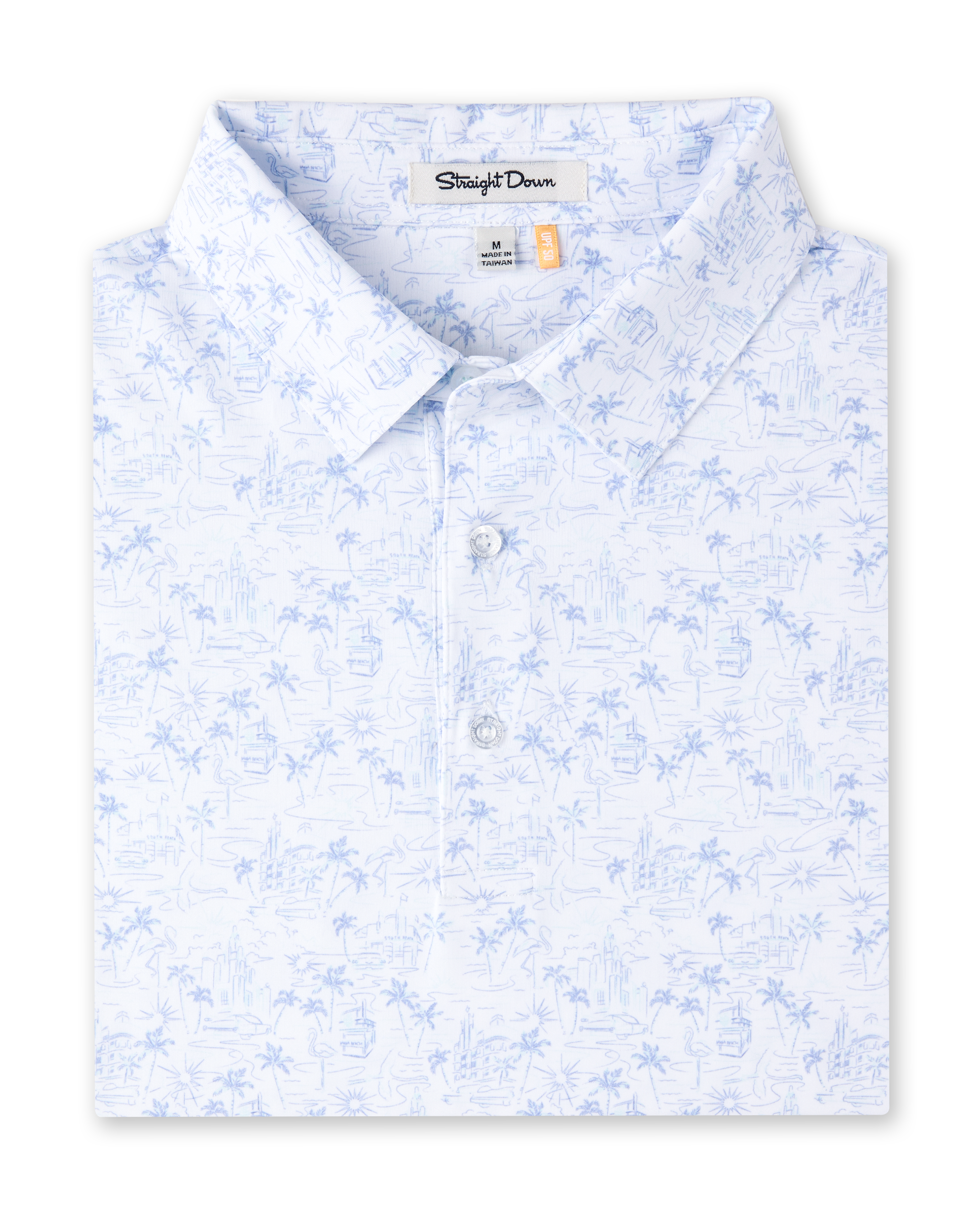 Folded South Beach Polo in Blue Shade, featuring a white base with a light blue coastal-inspired print and three-button placket.