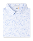 Folded South Beach Polo in Blue Shade, featuring a white base with a light blue coastal-inspired print and three-button placket.
