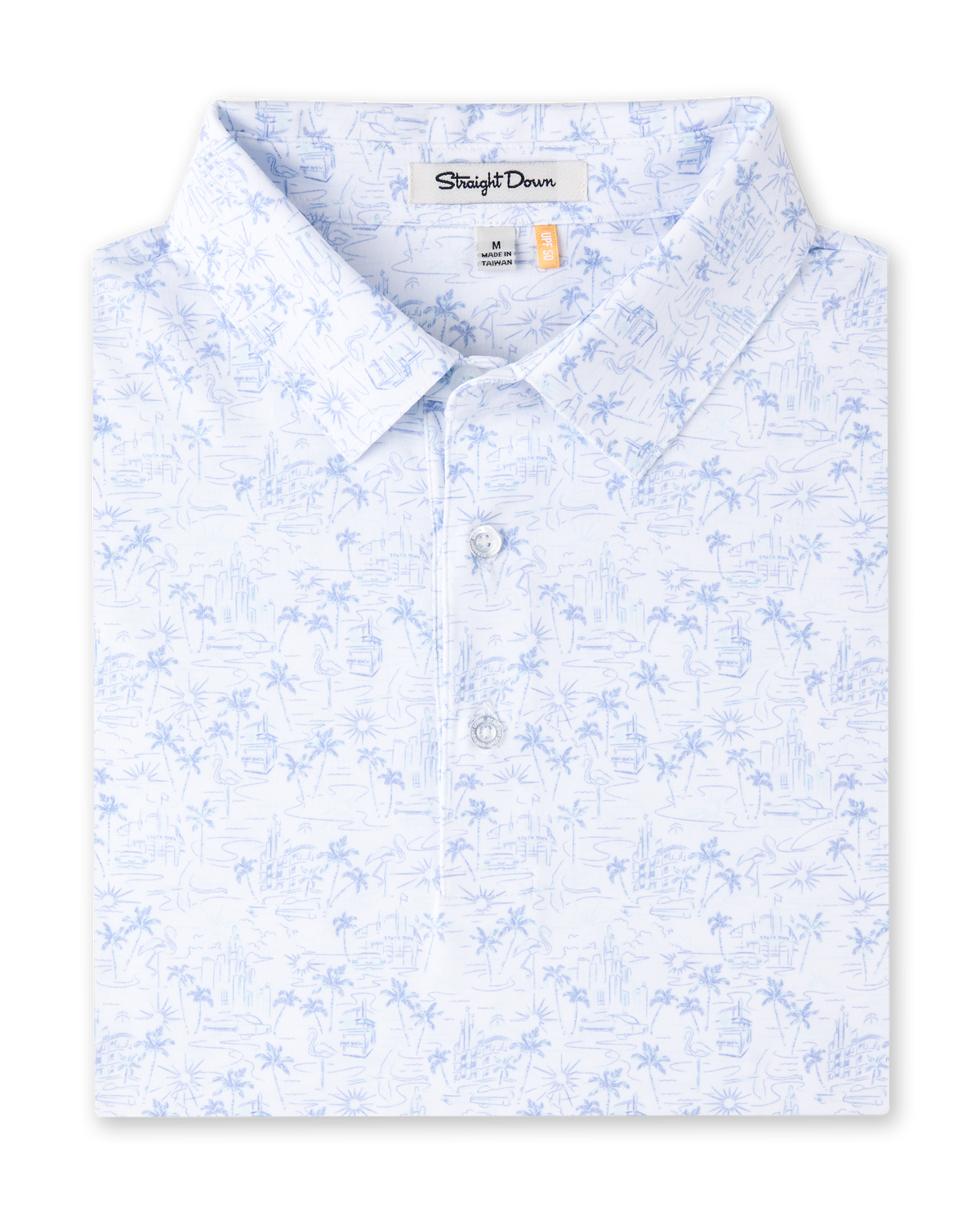 Folded South Beach Polo in Blue Shade, featuring a white base with a light blue coastal-inspired print and three-button placket.