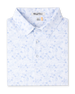 Folded South Beach Polo in Blue Shade, featuring a white base with a light blue coastal-inspired print and three-button placket.