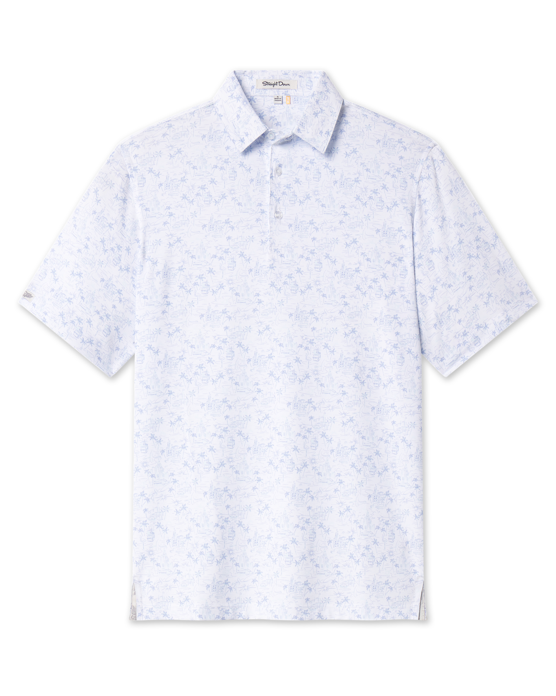 Front view of the South Beach Polo in Blue Shade, featuring a white base with an allover light blue print of palm trees, flamingos, buildings, cars, and coastal scenery.