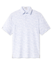 Front view of the South Beach Polo in Blue Shade, featuring a white base with an allover light blue print of palm trees, flamingos, buildings, cars, and coastal scenery.
