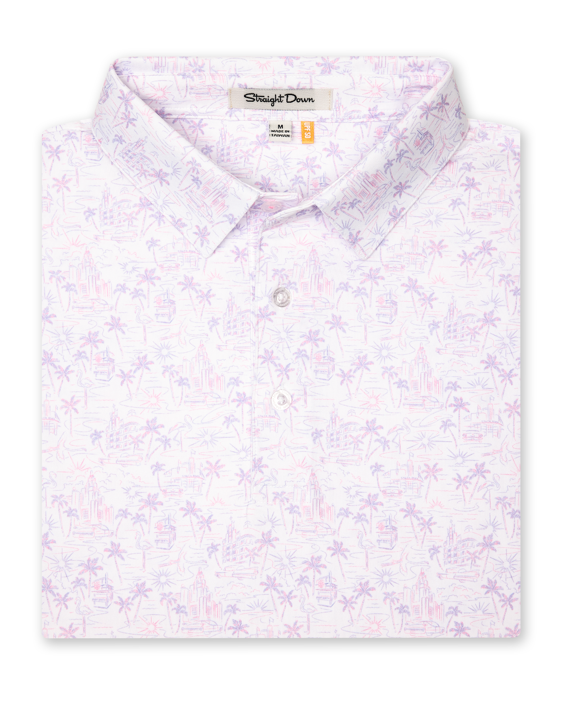 Men's South Beach Polo in Violet, folded flat lay front view featuring a white short sleeve polo with an all-over scenic print of palm trees, flamingos, and buildings in pink and lavender