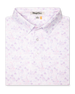 Men's South Beach Polo in Violet, folded flat lay front view featuring a white short sleeve polo with an all-over scenic print of palm trees, flamingos, and buildings in pink and lavender