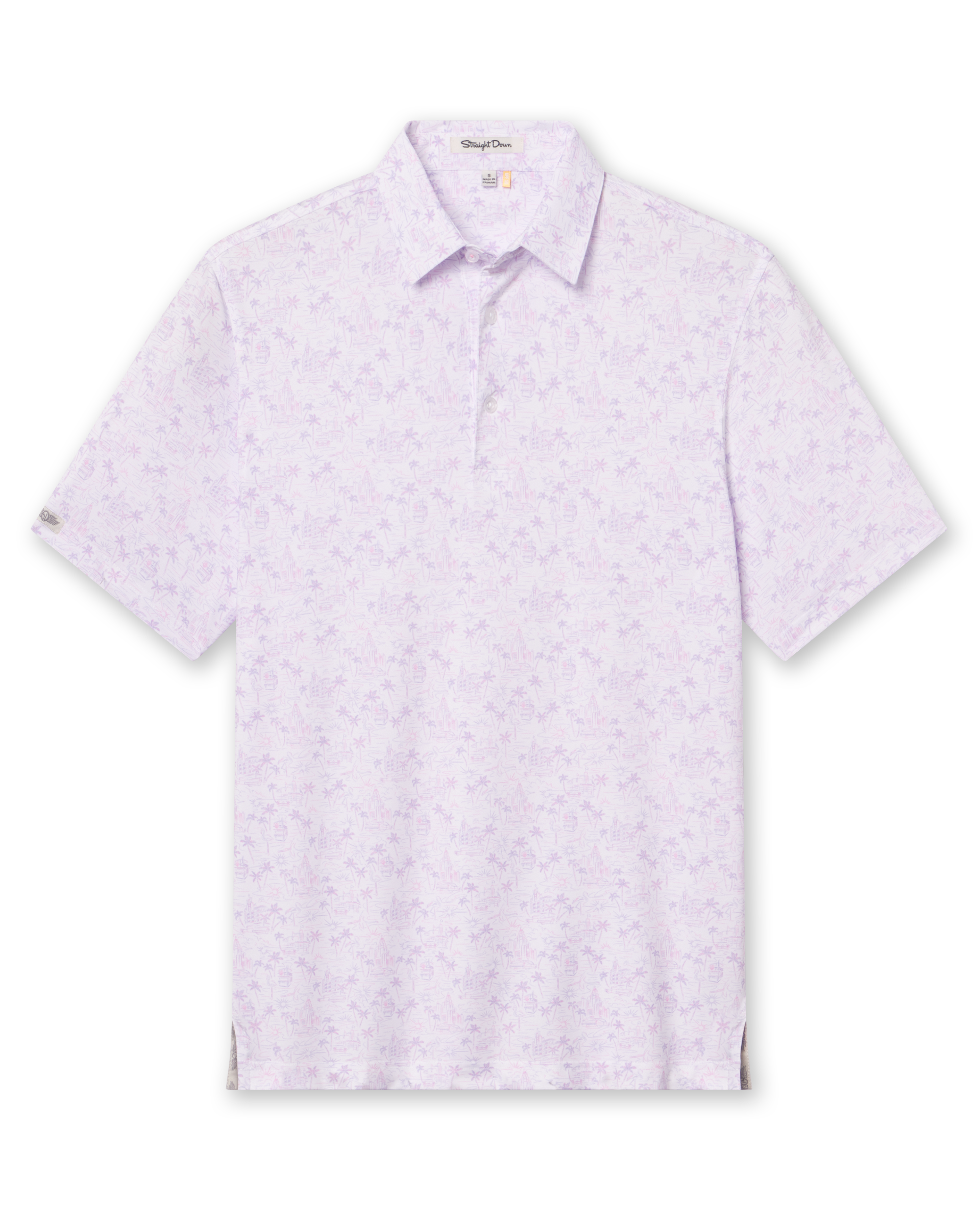 Men's South Beach Polo in Violet, flat lay front view featuring a white short sleeve polo with an all-over scenic print of palm trees, flamingos, and buildings in pink and lavender