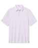 Men's South Beach Polo in Violet, flat lay front view featuring a white short sleeve polo with an all-over scenic print of palm trees, flamingos, and buildings in pink and lavender