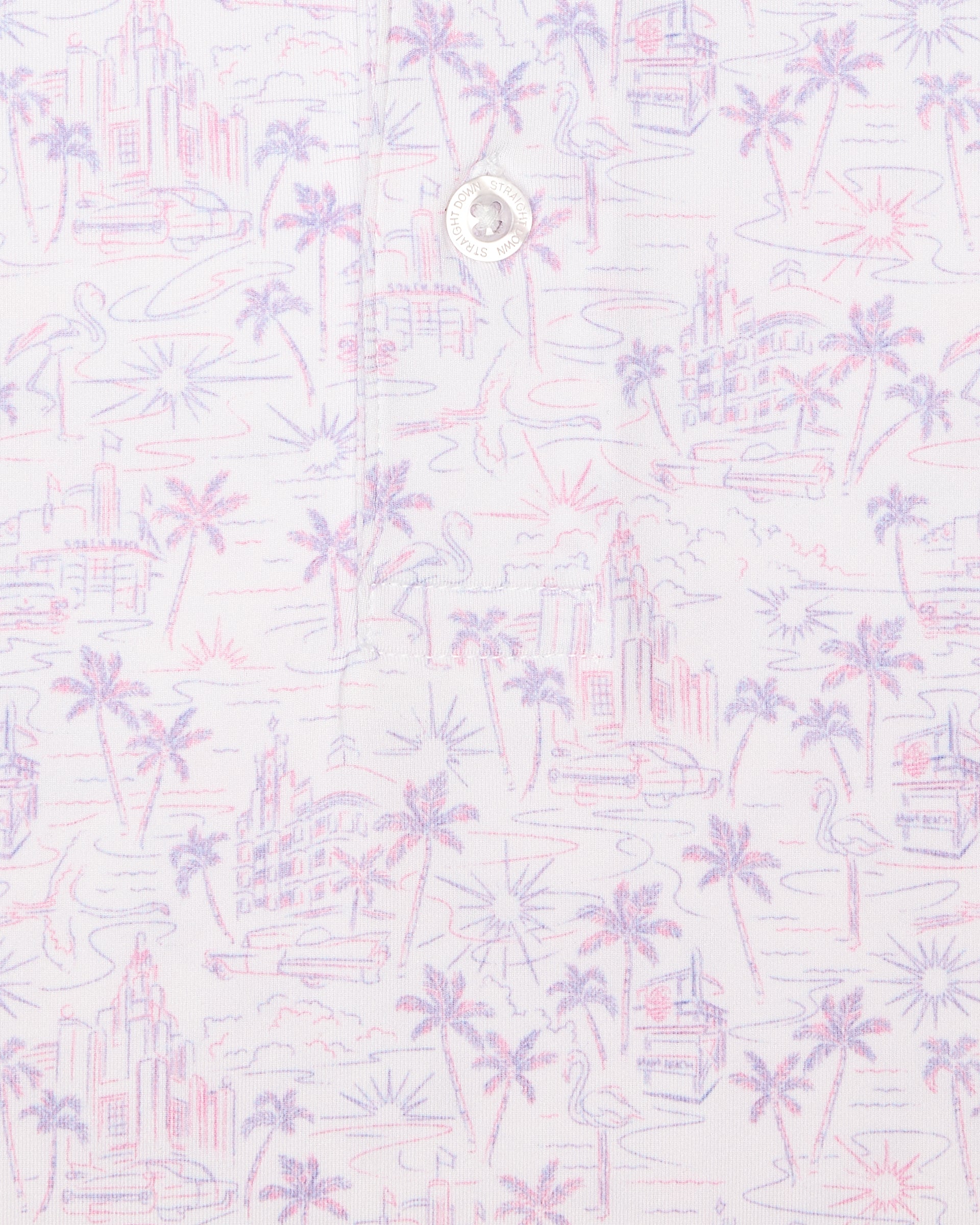 Men's South Beach Polo in Violet, close-up flat lay view featuring a white fabric with an all-over scenic print of palm trees, flamingos, and buildings in pink and lavender with a visible button placket detail