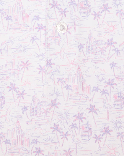 Men's South Beach Polo in Violet, close-up flat lay view featuring a white fabric with an all-over scenic print of palm trees, flamingos, and buildings in pink and lavender with a visible button placket detail