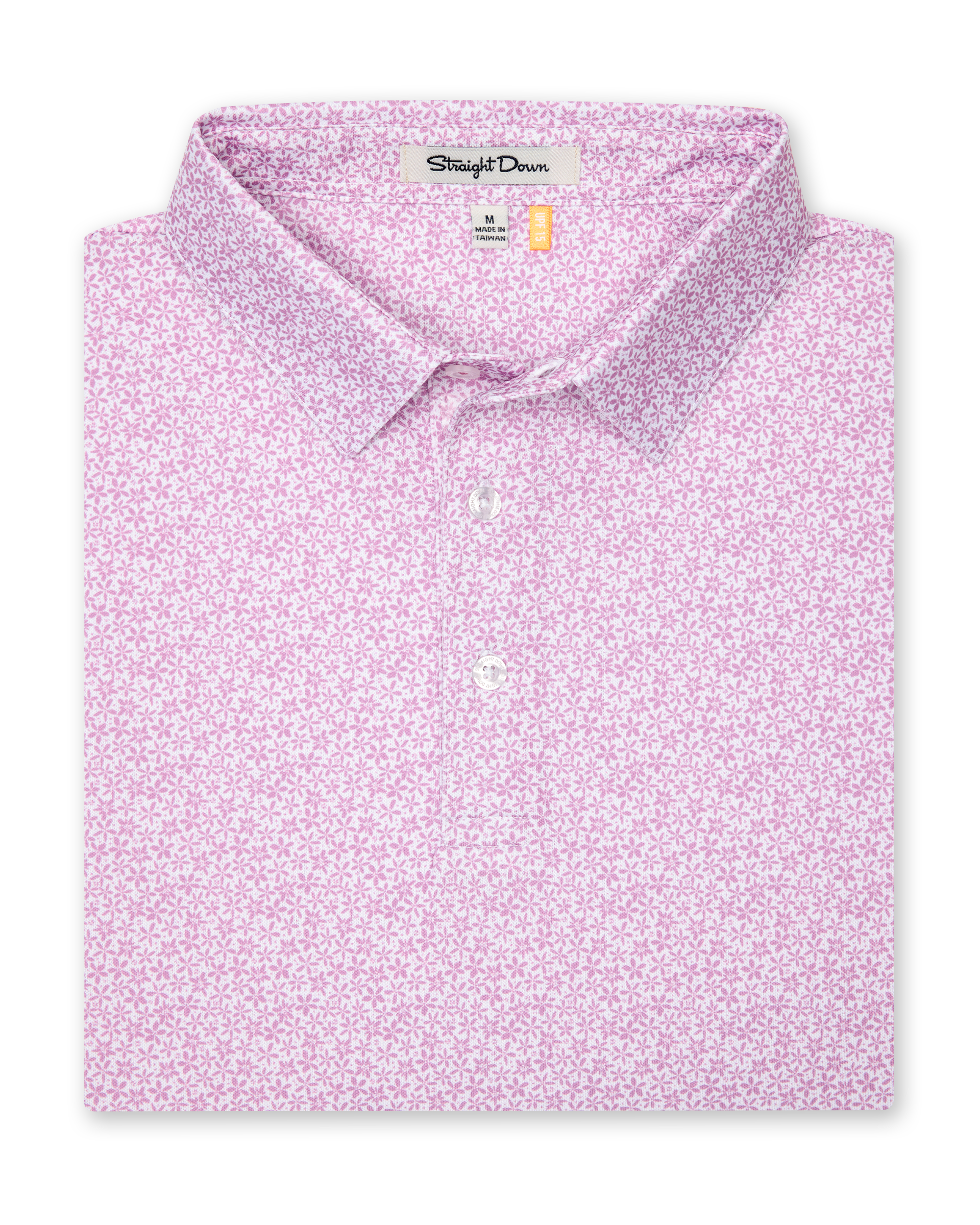 Oleander Polo in haze, folded view showing collar, placket, and pink floral micro-print