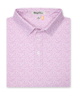 Oleander Polo in haze, folded view showing collar, placket, and pink floral micro-print