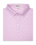 Oleander Polo in haze, folded view showing collar, placket, and pink floral micro-print