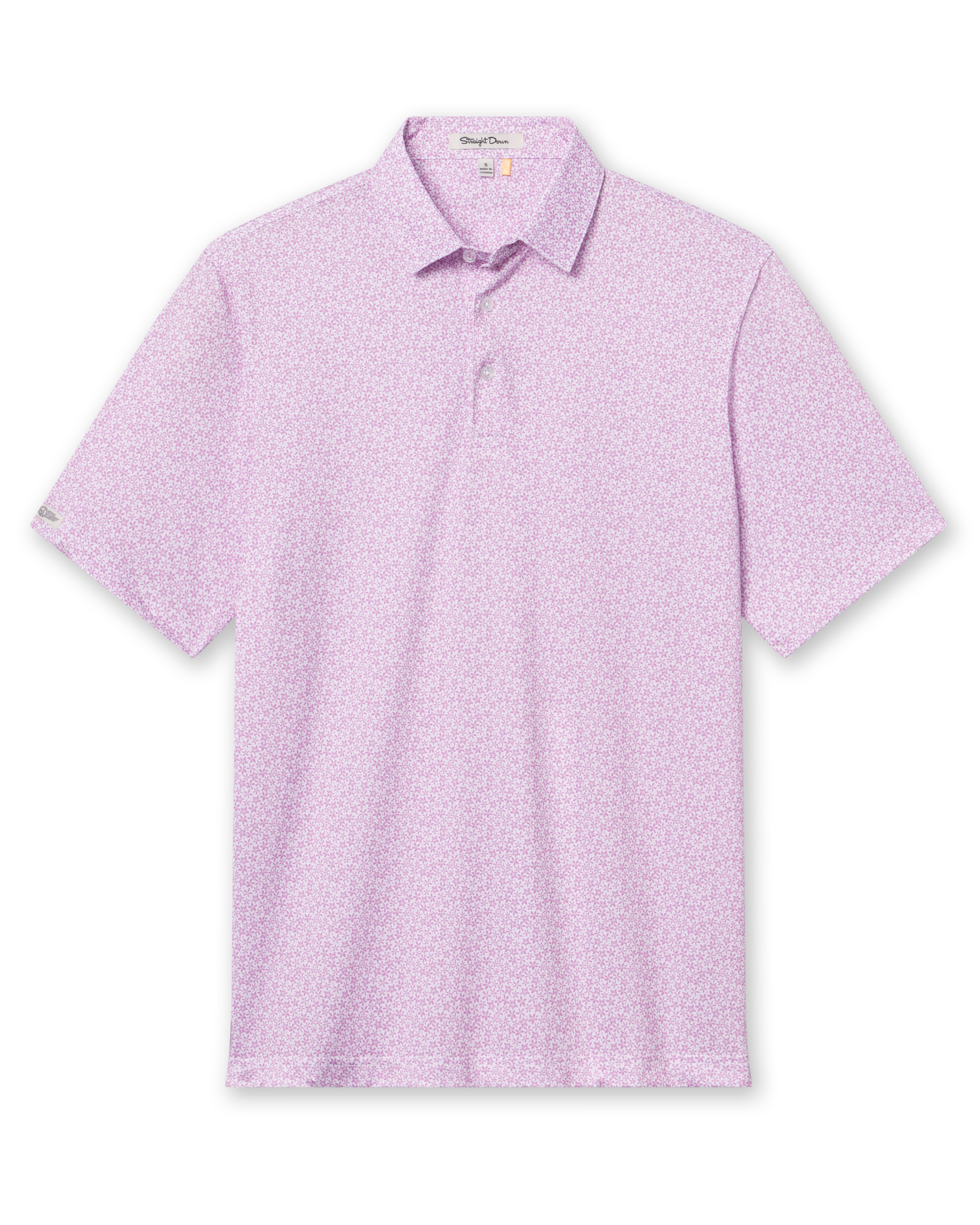 Oleander Polo in haze, full front view highlighting allover floral print and classic polo fit