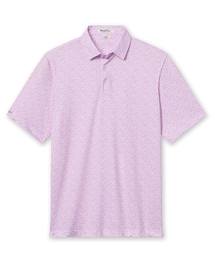 Oleander Polo in haze, full front view highlighting allover floral print and classic polo fit