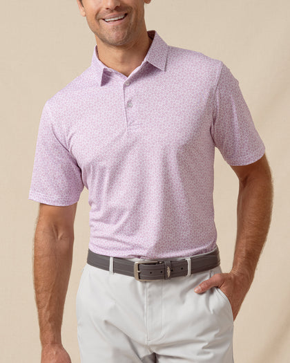Men’s haze polo with small-scale floral pattern, short sleeves, and button placket