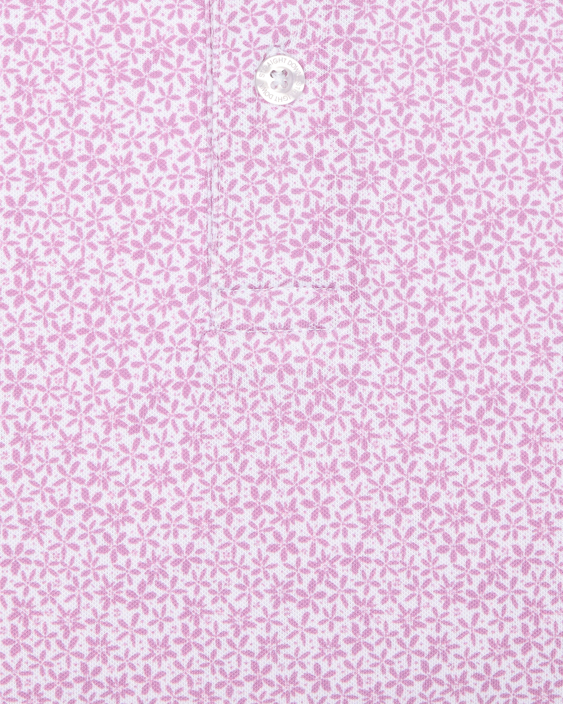 Oleander Polo in haze, close-up of pink floral pattern detail