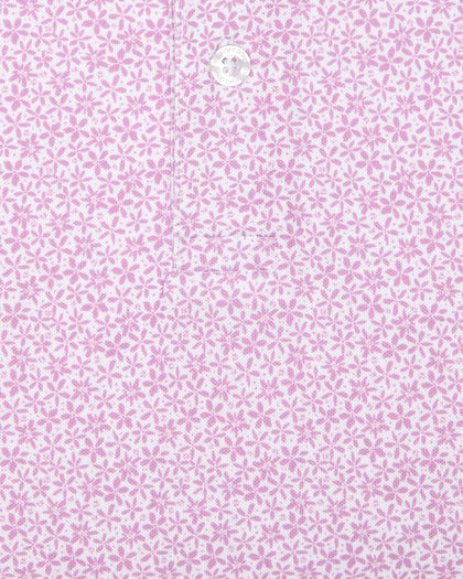 Oleander Polo in haze, close-up of pink floral pattern detail
