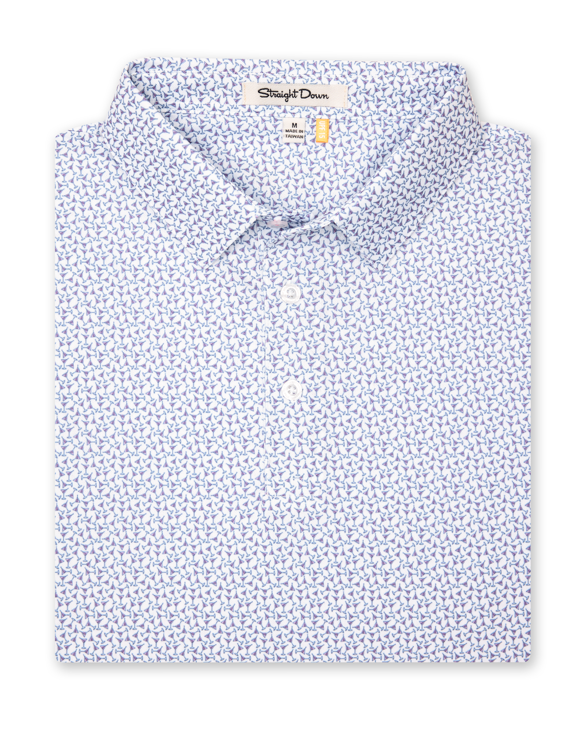 Men's Gin Therapy Polo in Pink Floyd, folded flat lay front view featuring an allover martini glass print in purple and light blue on a white background