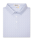 Men's Gin Therapy Polo in Pink Floyd, folded flat lay front view featuring an allover martini glass print in purple and light blue on a white background