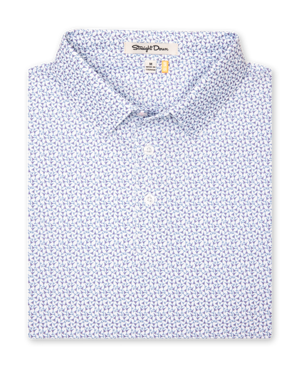 Men's Gin Therapy Polo in Pink Floyd, folded flat lay front view featuring an allover martini glass print in purple and light blue on a white background