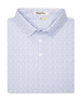 Men's Gin Therapy Polo in Pink Floyd, folded flat lay front view featuring an allover martini glass print in purple and light blue on a white background