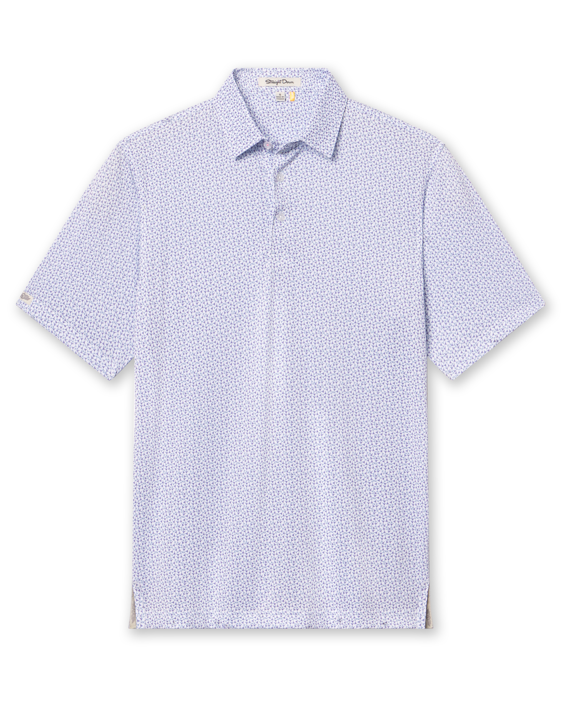 Men's Gin Therapy Polo in Pink Floyd, flat lay front view featuring an allover martini glass print in purple and light blue on a white background