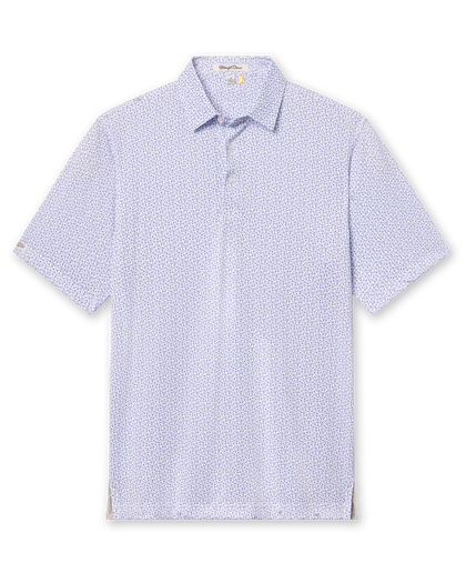 Men's Gin Therapy Polo in Pink Floyd, flat lay front view featuring an allover martini glass print in purple and light blue on a white background